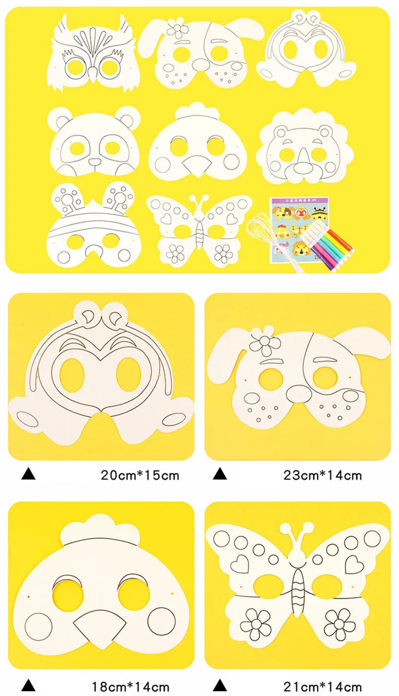 8Pcs Kids Cartoon Animal DIY Paper Mask Set with Color Pens