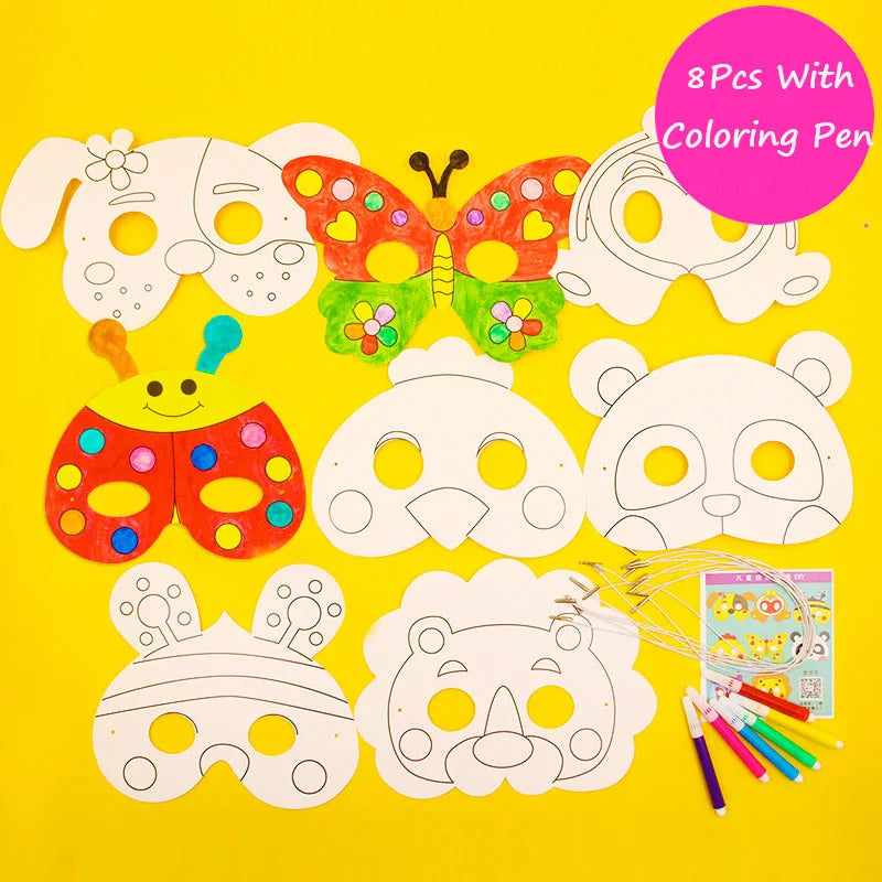 8Pcs Kids Cartoon Animal DIY Paper Mask Set with Color Pens