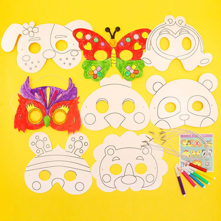 8Pcs Kids Cartoon Animal DIY Paper Mask Set with Color Pens