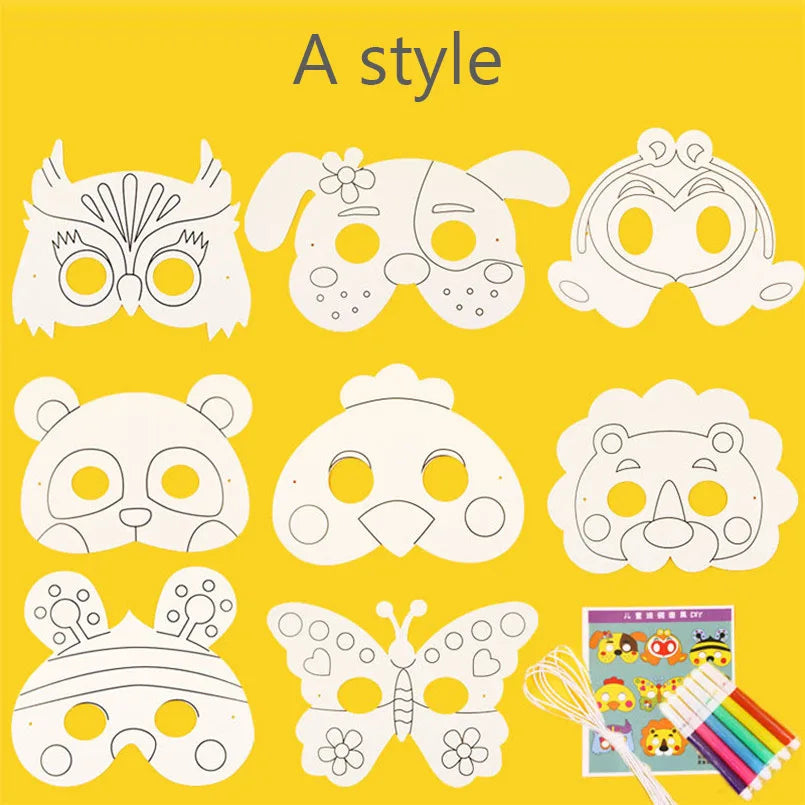 8Pcs Kids Cartoon Animal DIY Paper Mask Set with Color Pens