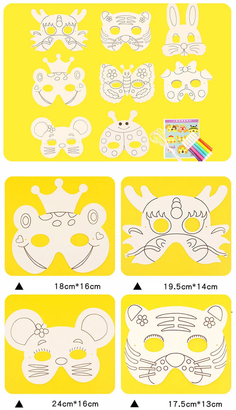 8Pcs Kids Cartoon Animal DIY Paper Mask Set with Color Pens