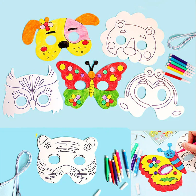 8Pcs Kids Cartoon Animal DIY Paper Mask Set with Color Pens