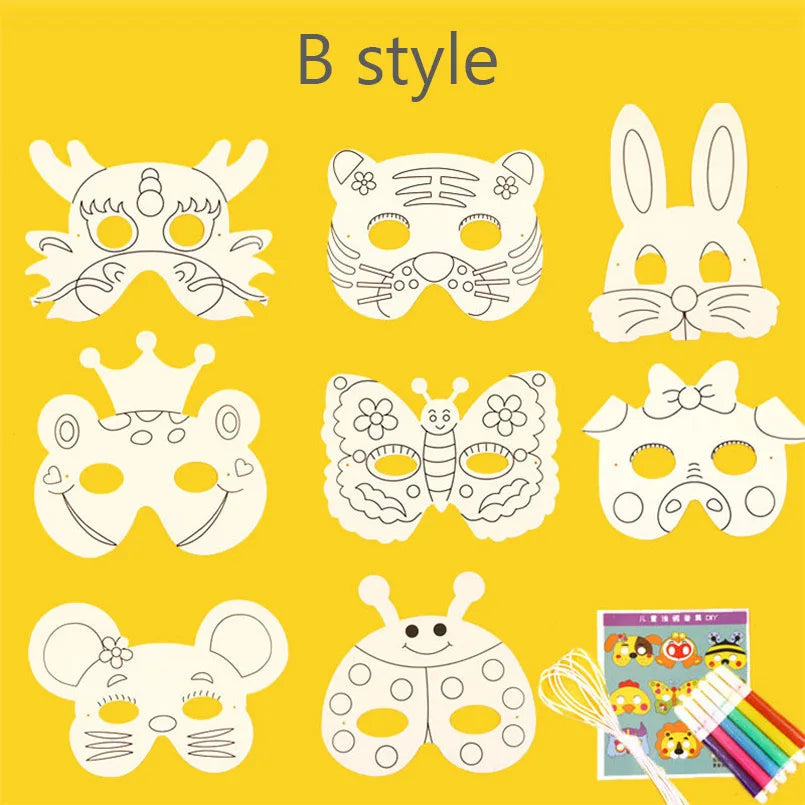 8Pcs Kids Cartoon Animal DIY Paper Mask Set with Color Pens