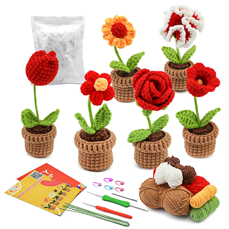 KRABALL 6Pcs Crochet Potted Flower Kit | Beginner DIY Yarn Craft Set with Tutorial