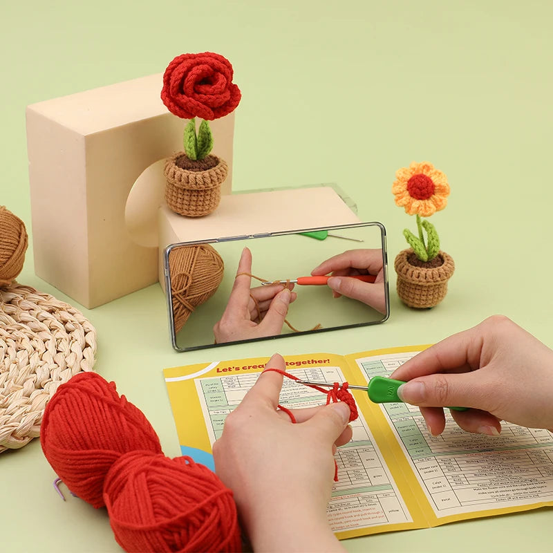 KRABALL 6Pcs Crochet Potted Flower Kit | Beginner DIY Yarn Craft Set with Tutorial