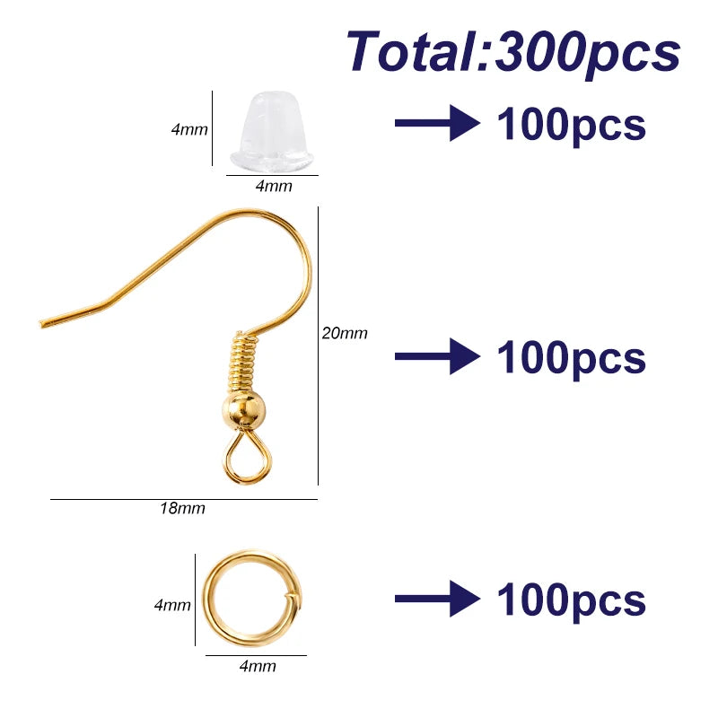 300Pcs Earring Making Kit | Hypoallergenic Hooks, Jump Rings & Rubber Backs Set