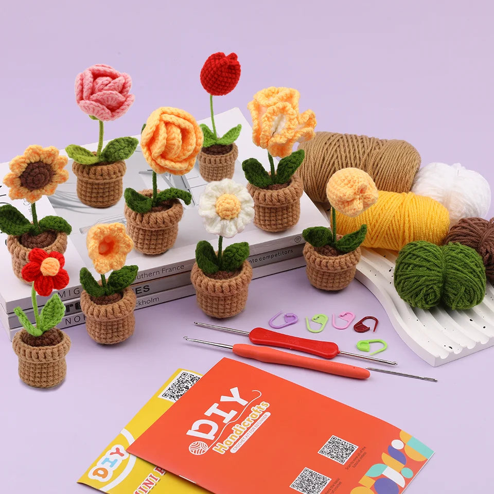 KRABALL 6Pcs Crochet Potted Flower Kit | Beginner DIY Yarn Craft Set with Tutorial
