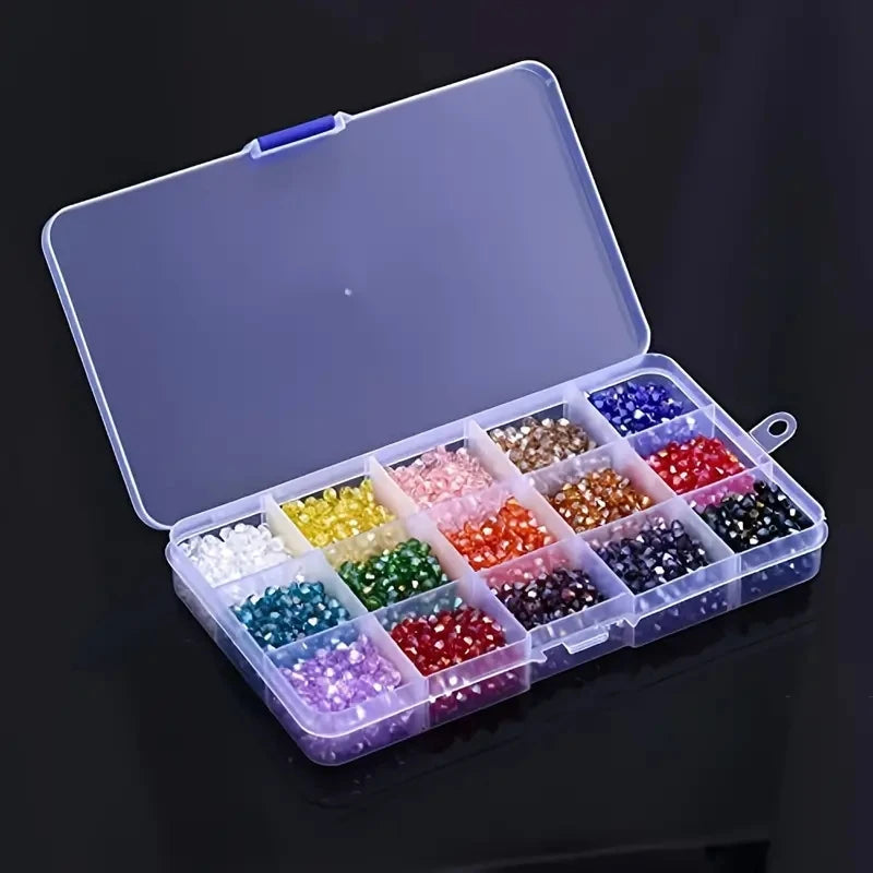 3–6mm Bicone Crystal Bead Set – 15-Grid Glass Spacer Box for DIY Jewelry
