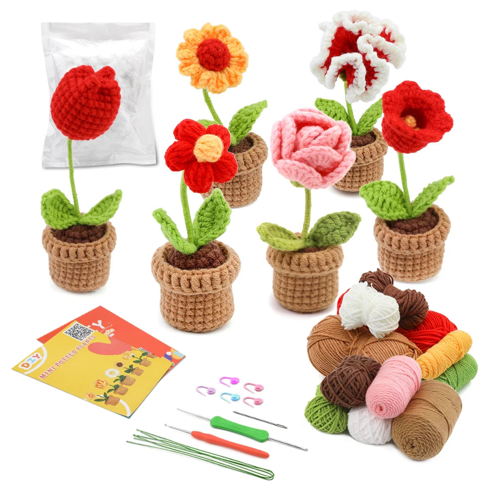 KRABALL 6Pcs Crochet Potted Flower Kit | Beginner DIY Yarn Craft Set with Tutorial