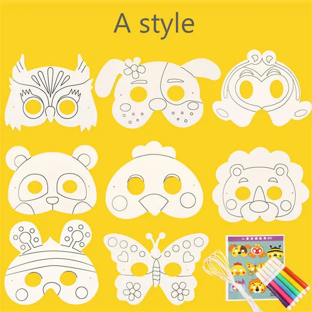8Pcs Kids Cartoon Animal DIY Paper Mask Set with Color Pens