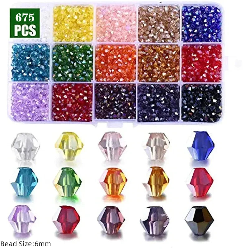 3–6mm Bicone Crystal Bead Set – 15-Grid Glass Spacer Box for DIY Jewelry