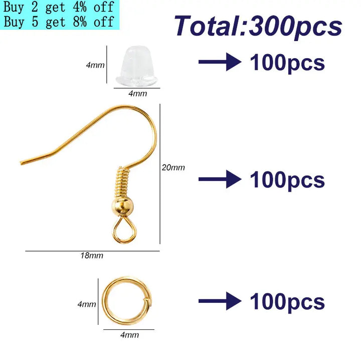 300Pcs Earring Making Kit | Hypoallergenic Hooks, Jump Rings & Rubber Backs Set