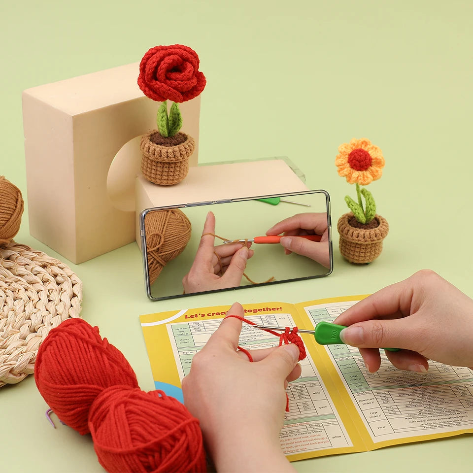KRABALL 6Pcs Crochet Potted Flower Kit | Beginner DIY Yarn Craft Set with Tutorial
