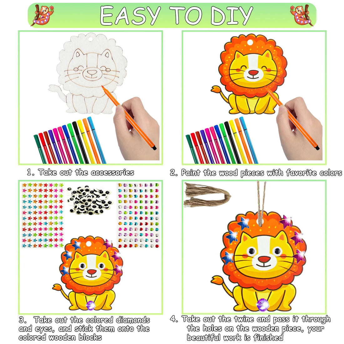 296Pcs Animal Wooden Coloring Craft Set