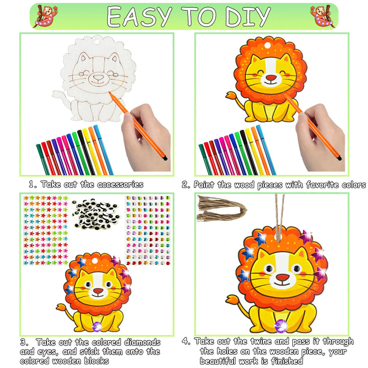 296Pcs Animal Wooden Coloring Craft Set
