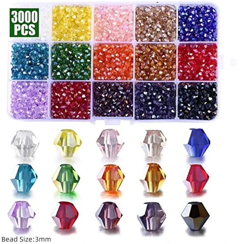 3–6mm Bicone Crystal Bead Set – 15-Grid Glass Spacer Box for DIY Jewelry